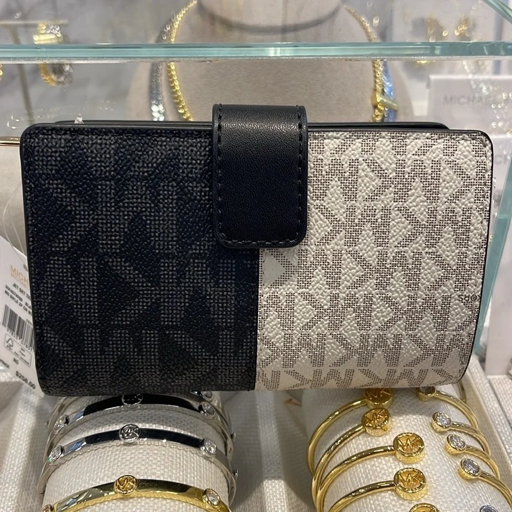 Michael Kors Jet Set Medium Two-Tone Logo Wallet BLACK COMBO NWT